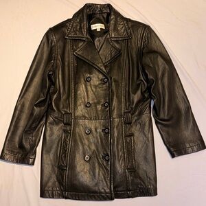 Charles Klein Women Large Vintage Black Genuine Leather Double Breasted Peacoat